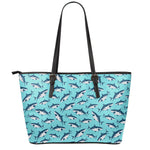 Angry Shark Pattern Print Leather Tote Bag