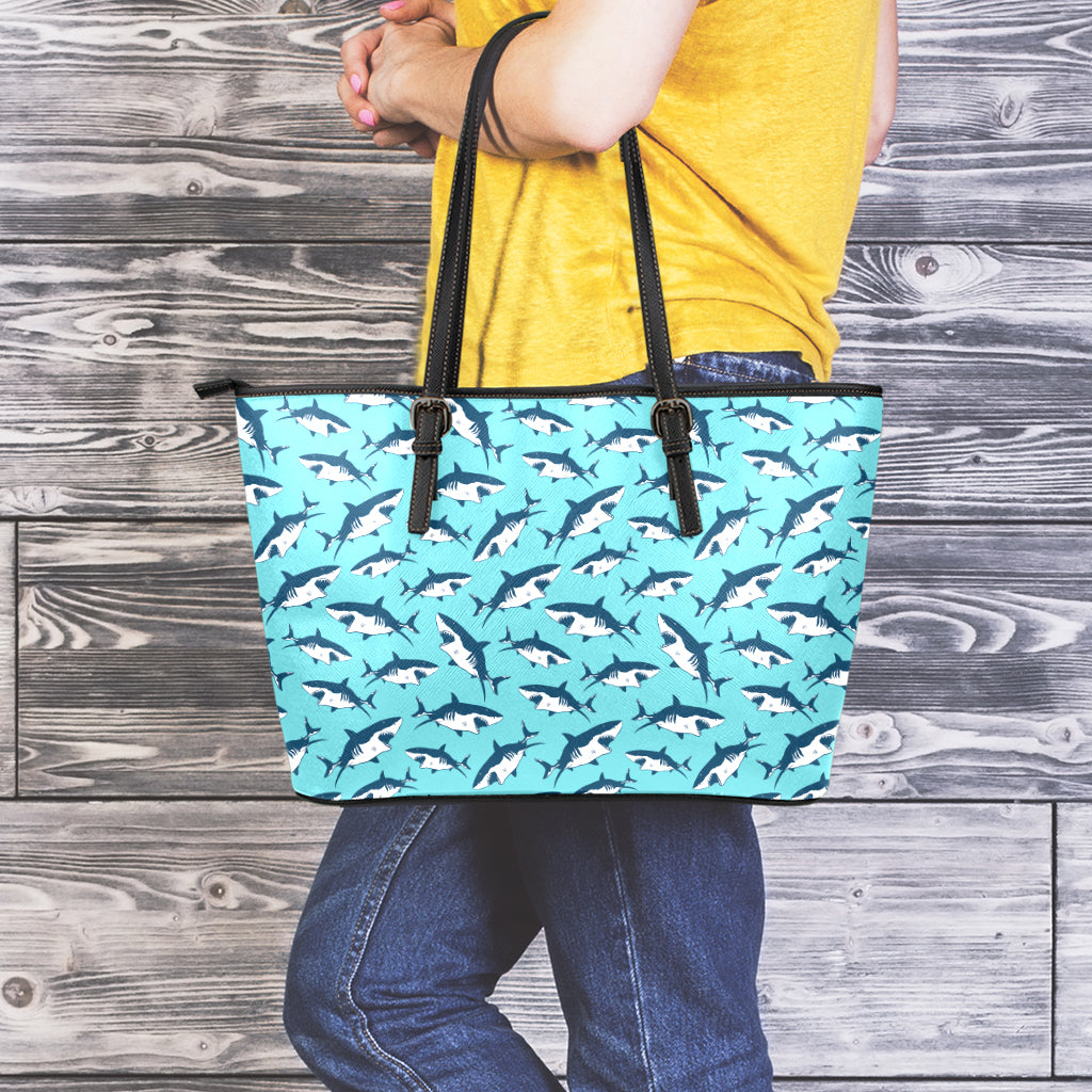 Angry Shark Pattern Print Leather Tote Bag