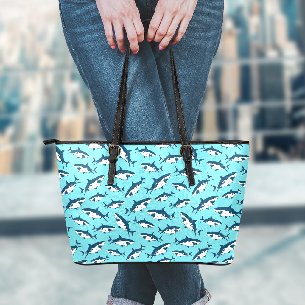 Angry Shark Pattern Print Leather Tote Bag