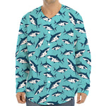 Angry Shark Pattern Print Long Sleeve Baseball Jersey