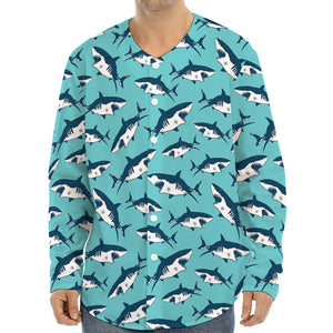 Angry Shark Pattern Print Long Sleeve Baseball Jersey