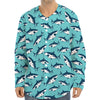 Angry Shark Pattern Print Long Sleeve Baseball Jersey