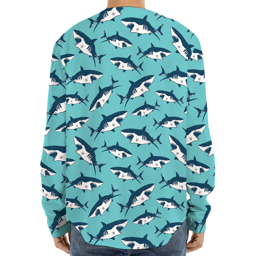 Angry Shark Pattern Print Long Sleeve Baseball Jersey