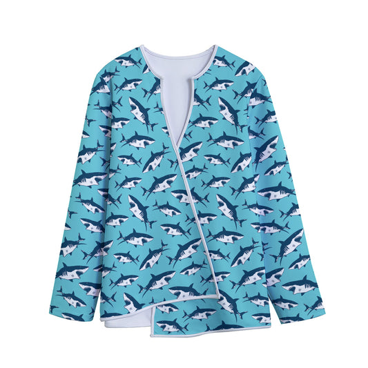 Angry Shark Pattern Print Long Sleeve Short Coat