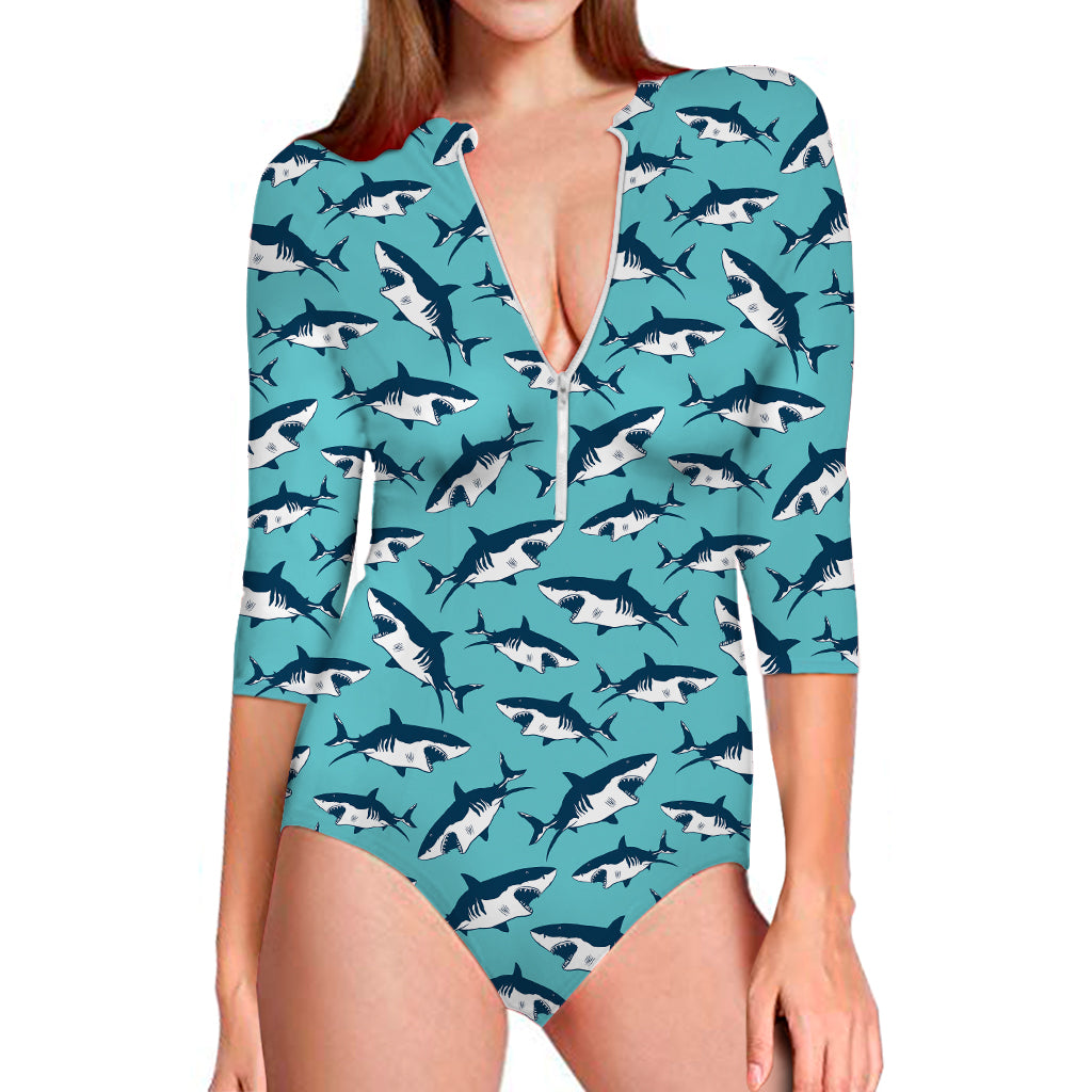 Angry Shark Pattern Print Long Sleeve Swimsuit