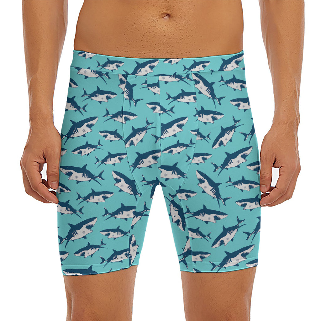 Angry Shark Pattern Print Men's Long Boxer Briefs