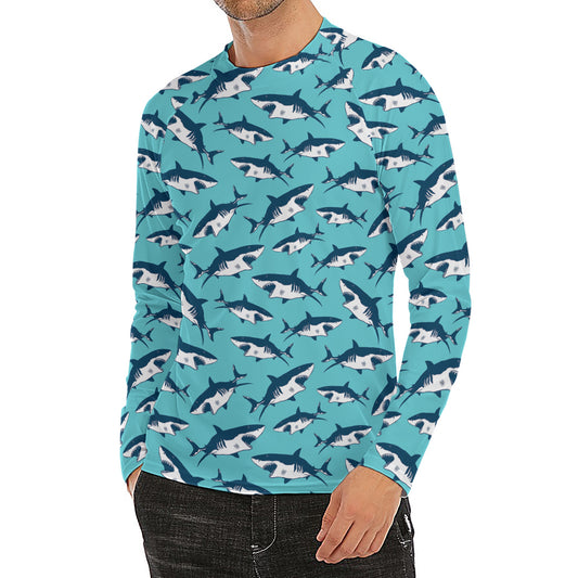 Angry Shark Pattern Print Men's Long Sleeve Rash Guard