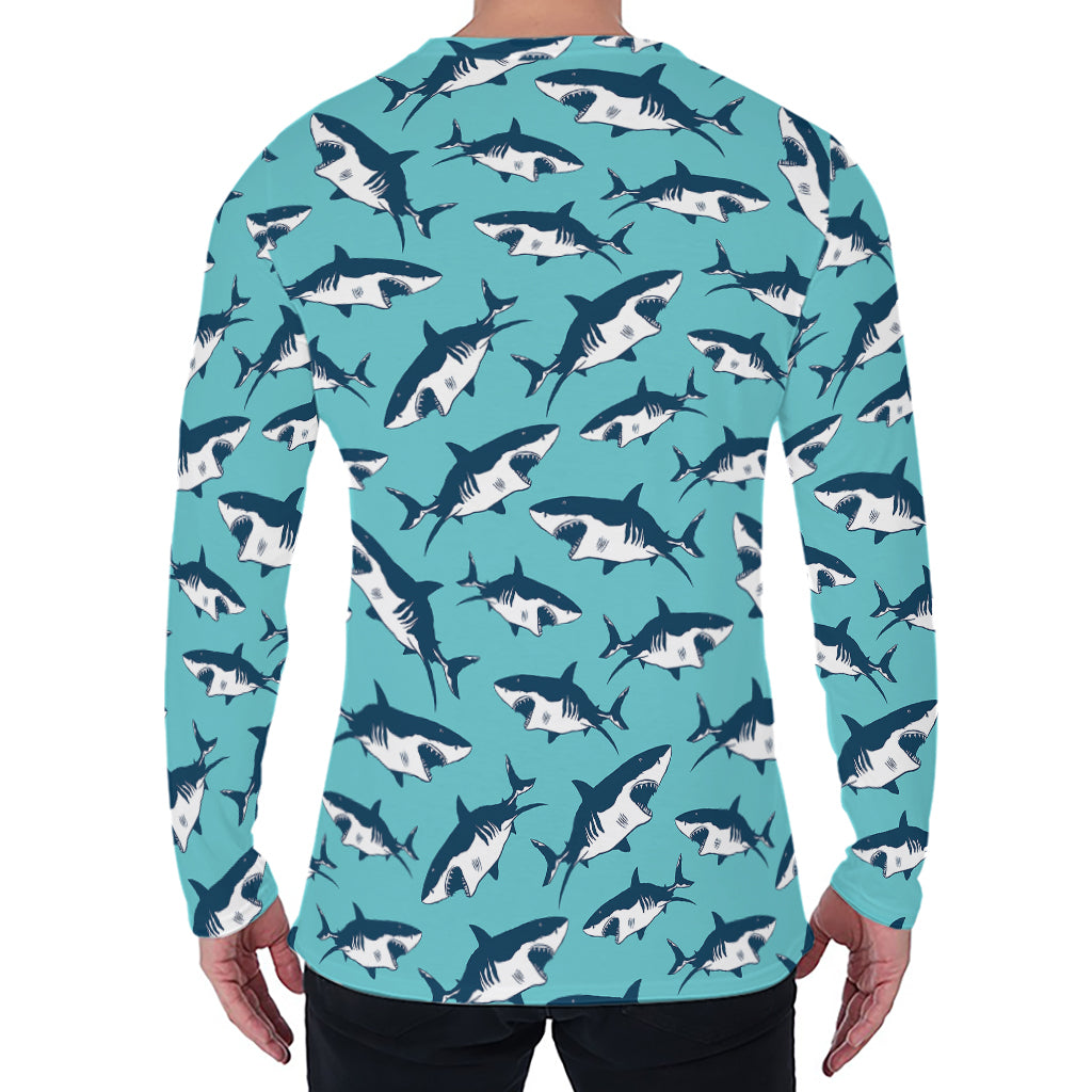 Angry Shark Pattern Print Men's Long Sleeve T-Shirt