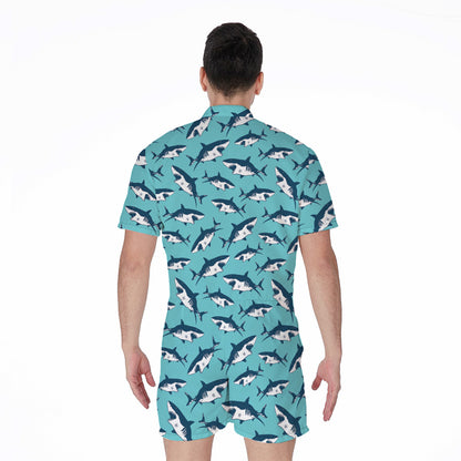 Angry Shark Pattern Print Men's Rompers