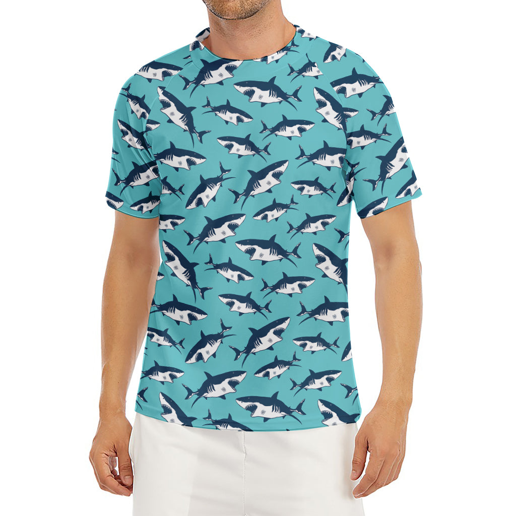 Angry Shark Pattern Print Men's Short Sleeve Rash Guard