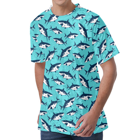 Angry Shark Pattern Print Men's Velvet T-Shirt