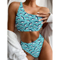 Angry Shark Pattern Print One Shoulder Bikini Set