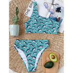 Angry Shark Pattern Print One Shoulder Bikini Top