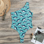 Angry Shark Pattern Print One Shoulder Bodysuit