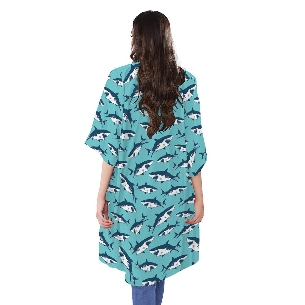 Angry Shark Pattern Print Open Front Beach Cover Up