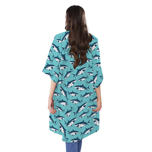 Angry Shark Pattern Print Open Front Beach Cover Up