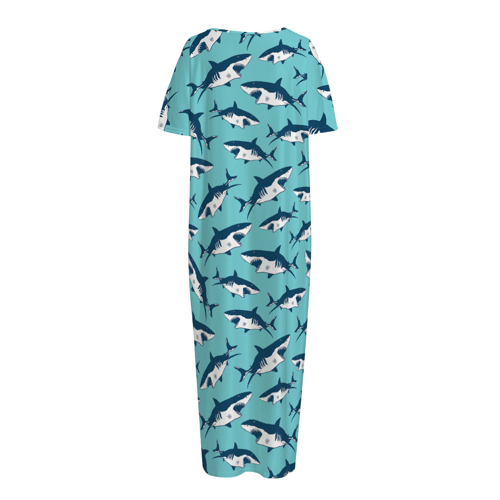 Angry Shark Pattern Print Short Sleeve Long Nightdress