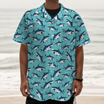 Angry Shark Pattern Print Textured Short Sleeve Shirt