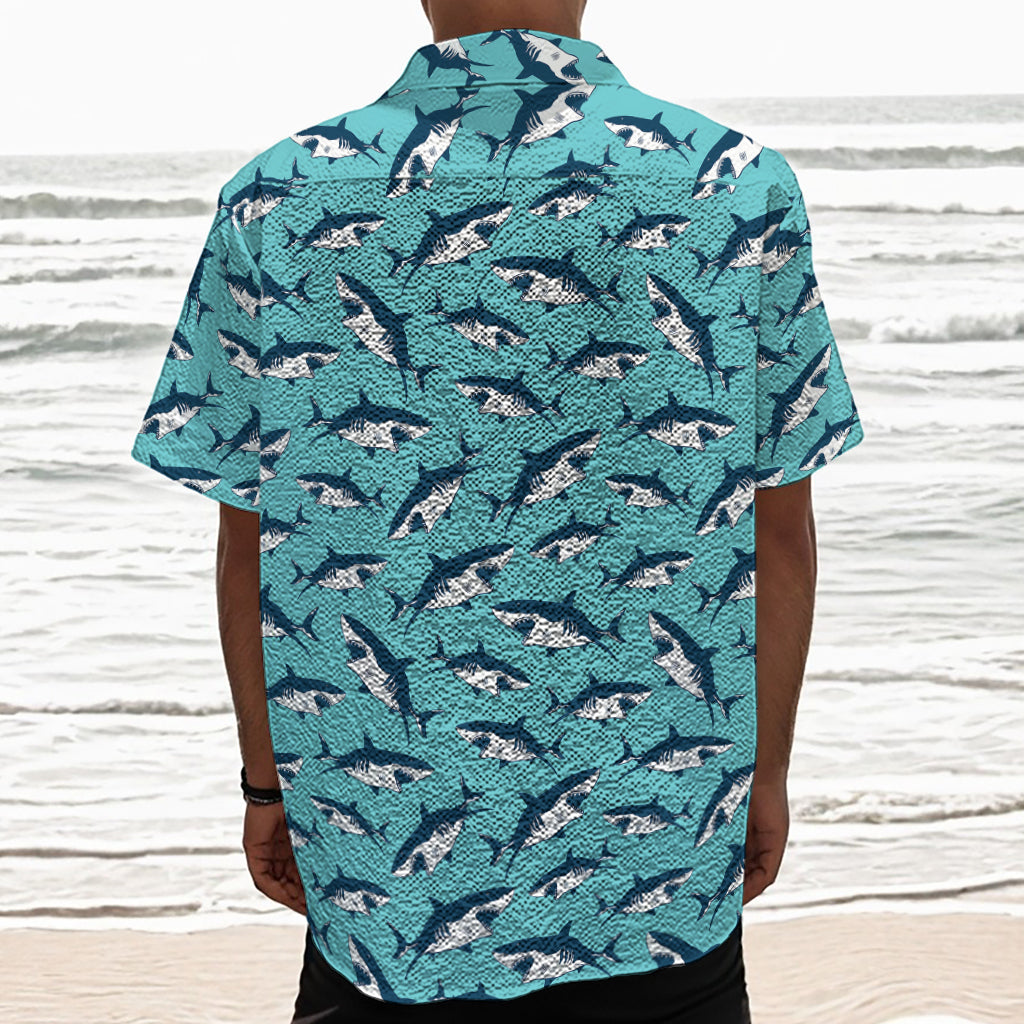 Angry Shark Pattern Print Textured Short Sleeve Shirt