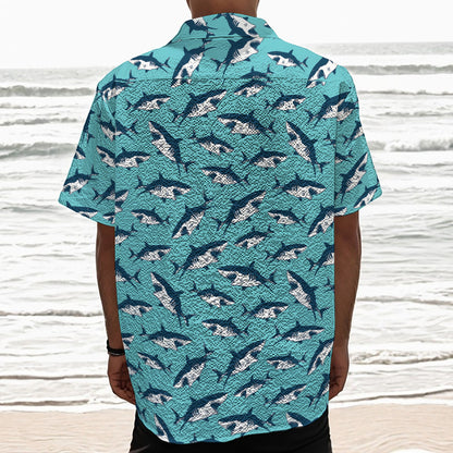 Angry Shark Pattern Print Textured Short Sleeve Shirt