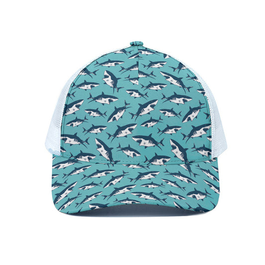 Angry Shark Pattern Print White Mesh Trucker Cap