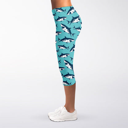 Angry Shark Pattern Print Women's Capri Leggings