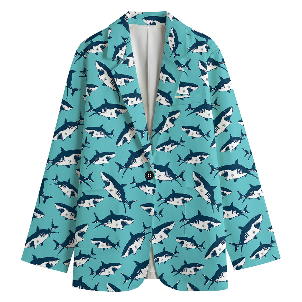 Angry Shark Pattern Print Women's Cotton Blazer