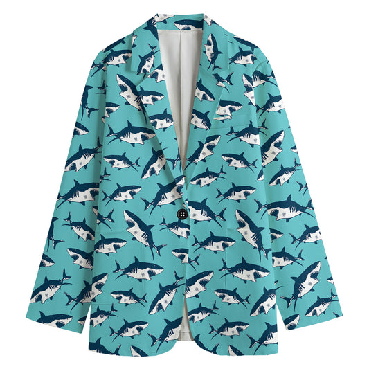 Angry Shark Pattern Print Women's Cotton Blazer