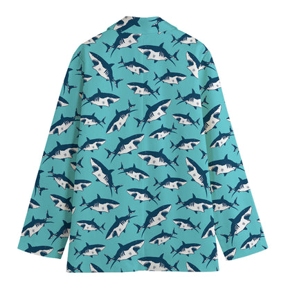 Angry Shark Pattern Print Women's Cotton Blazer