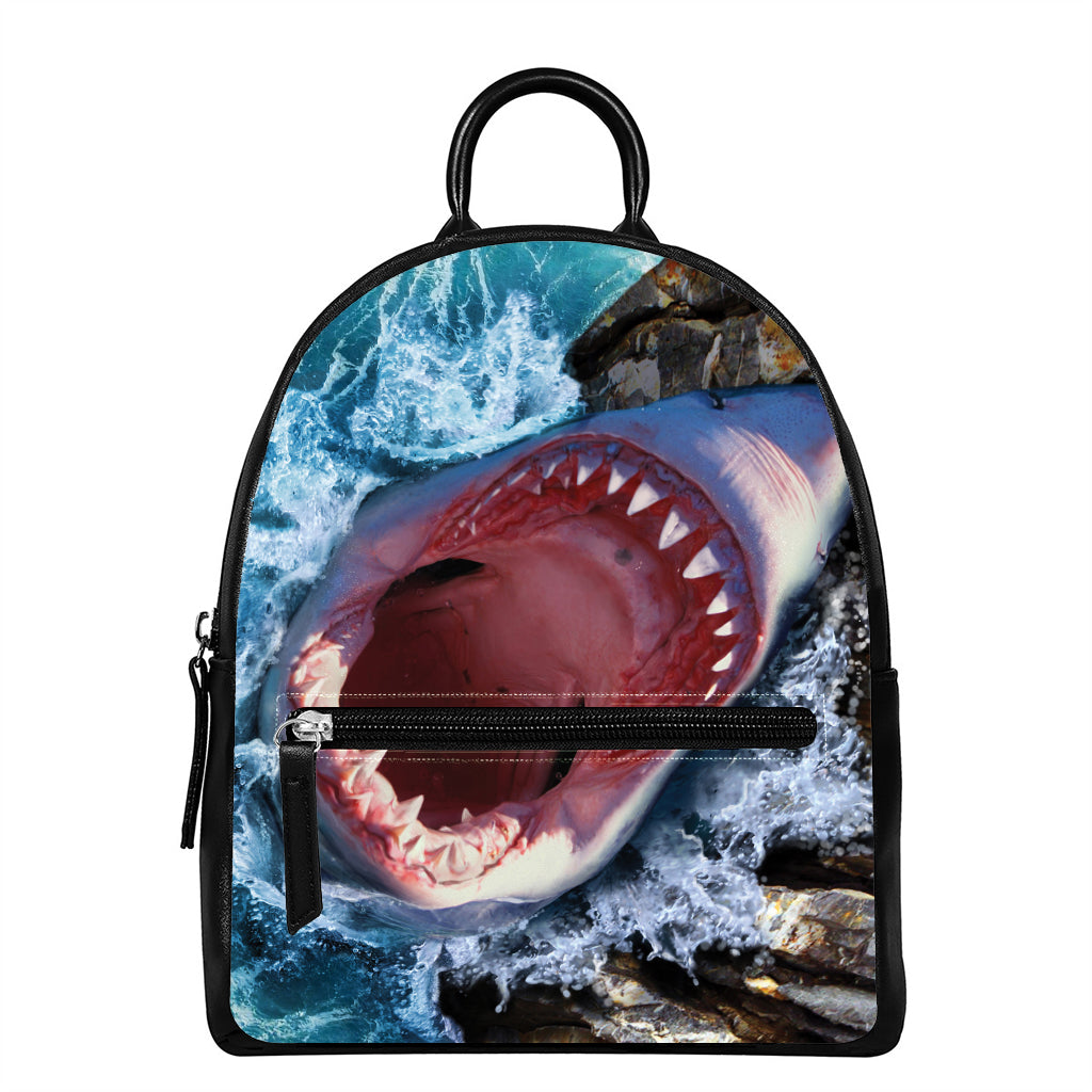 Angry Shark Print Leather Backpack
