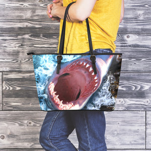 Angry Shark Print Leather Tote Bag