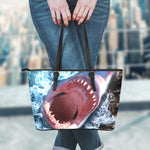 Angry Shark Print Leather Tote Bag