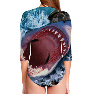 Angry Shark Print Long Sleeve Swimsuit