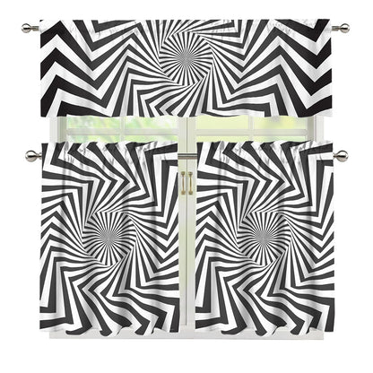 Angular Swirl Motion Illusion Print 3 Piece Kitchen Curtains