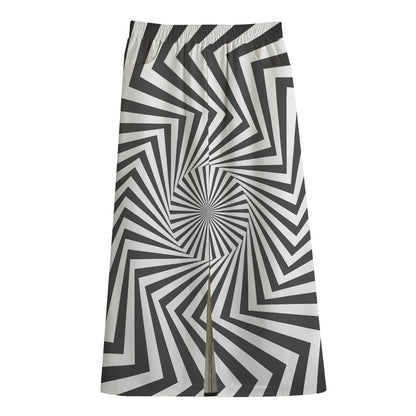 Angular Swirl Motion Illusion Print Cotton Front Slit Maxi Skirt