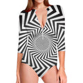Angular Swirl Motion Illusion Print Long Sleeve Swimsuit