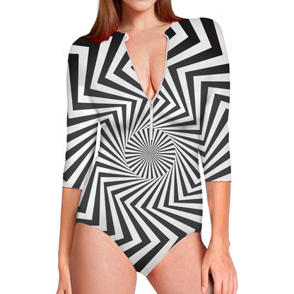 Angular Swirl Motion Illusion Print Long Sleeve Swimsuit