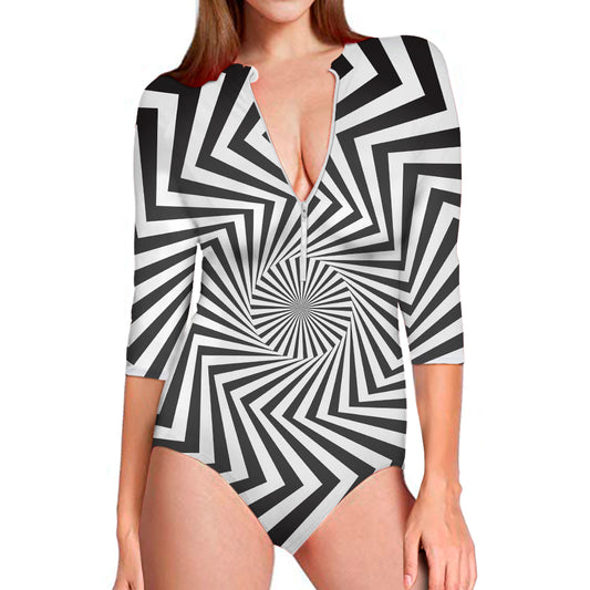 Angular Swirl Motion Illusion Print Long Sleeve Swimsuit