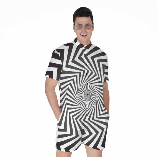 Angular Swirl Motion Illusion Print Men's Rompers