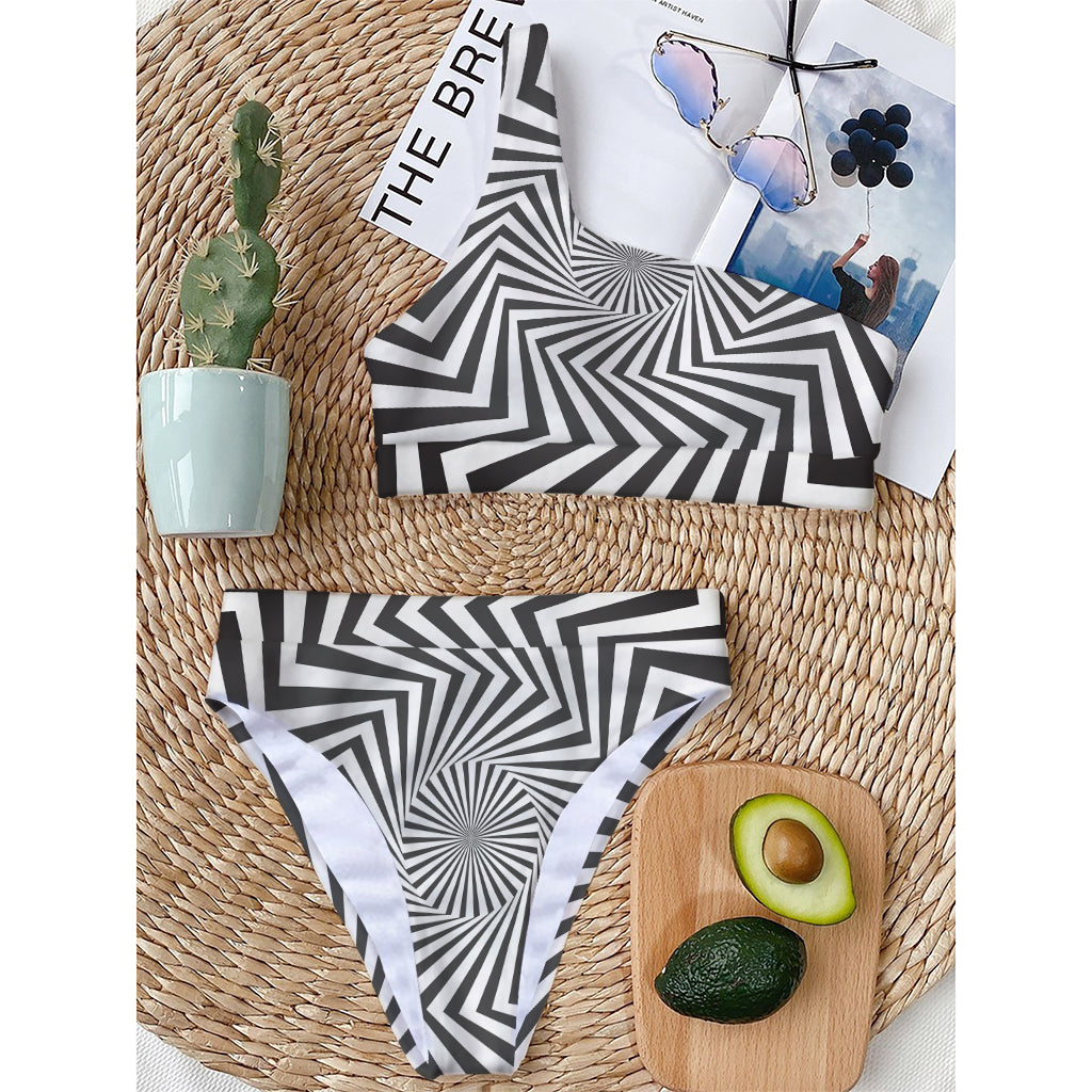 Angular Swirl Motion Illusion Print One Shoulder Bikini Top