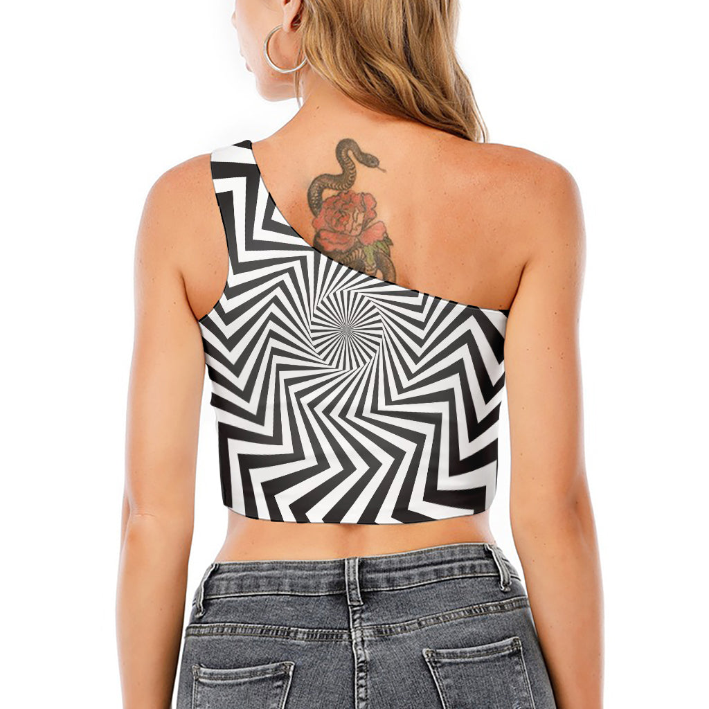 Angular Swirl Motion Illusion Print One Shoulder Crop Top