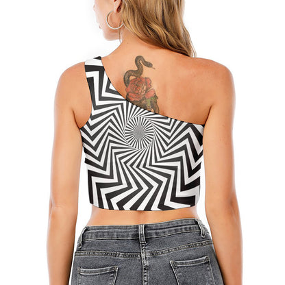 Angular Swirl Motion Illusion Print One Shoulder Crop Top
