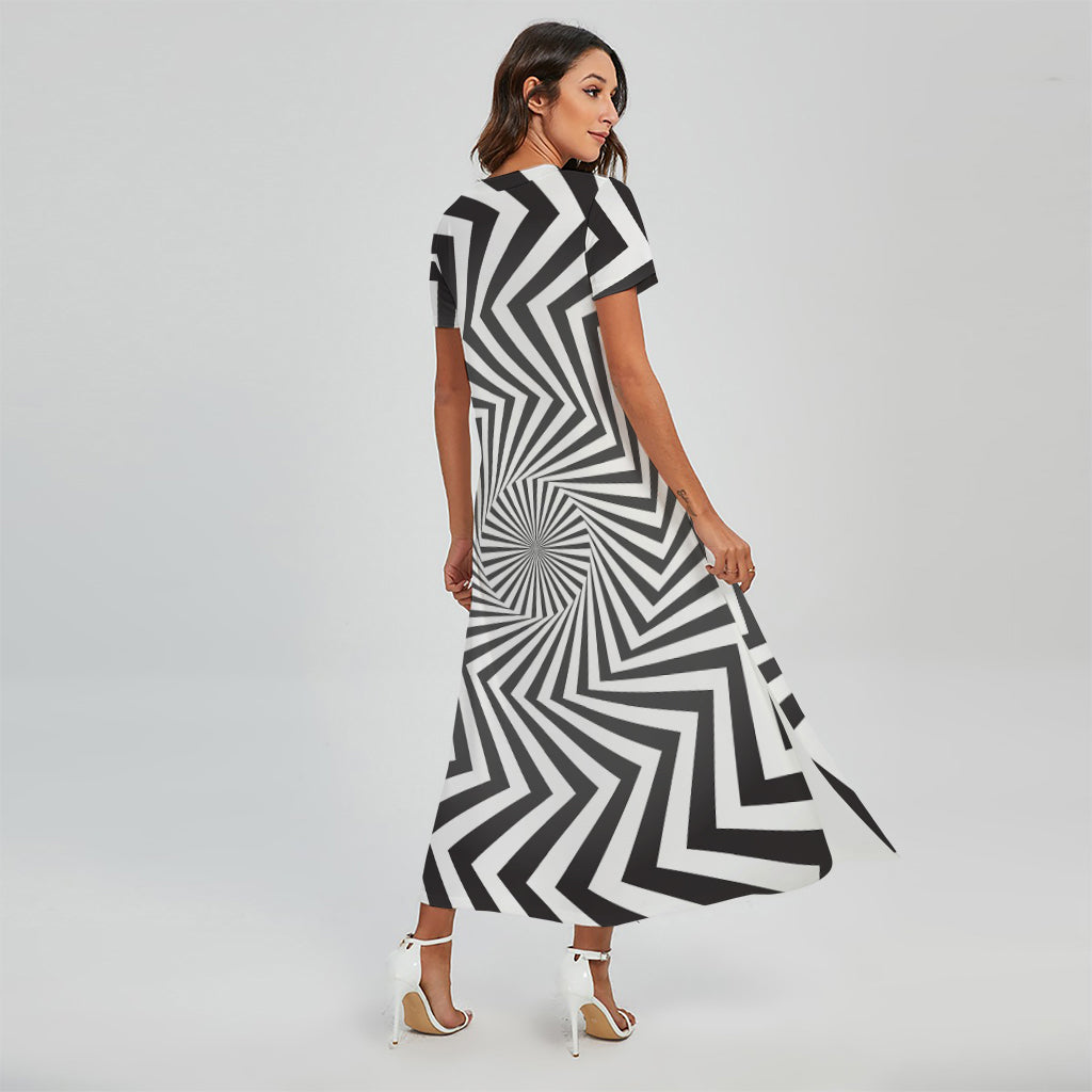 Angular Swirl Motion Illusion Print Short Sleeve Maxi Dress