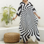 Angular Swirl Motion Illusion Print Silk V-Neck Kaftan Dress