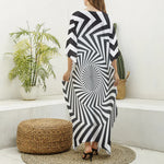 Angular Swirl Motion Illusion Print Silk V-Neck Kaftan Dress