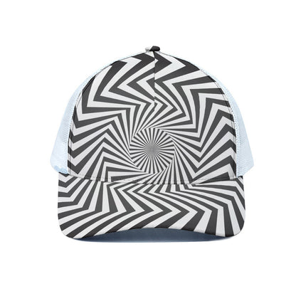 Angular Swirl Motion Illusion Print White Mesh Trucker Cap