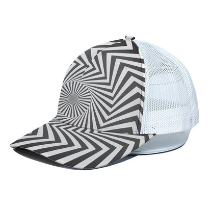 Angular Swirl Motion Illusion Print White Mesh Trucker Cap