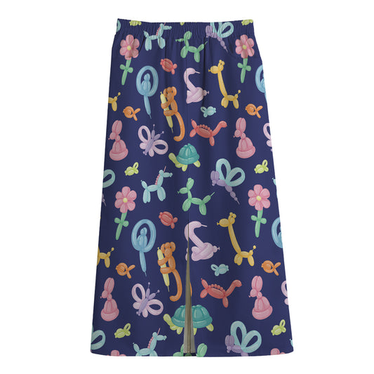 Animal Balloon Pattern Print Cotton Front Slit Maxi Skirt