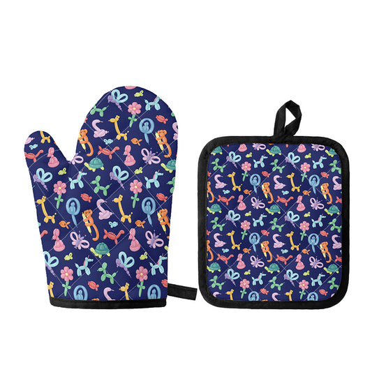 Animal Balloon Pattern Print Oven Mitt And Pot Holder Set