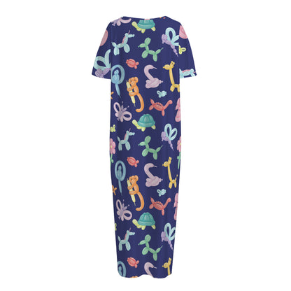Animal Balloon Pattern Print Short Sleeve Long Nightdress
